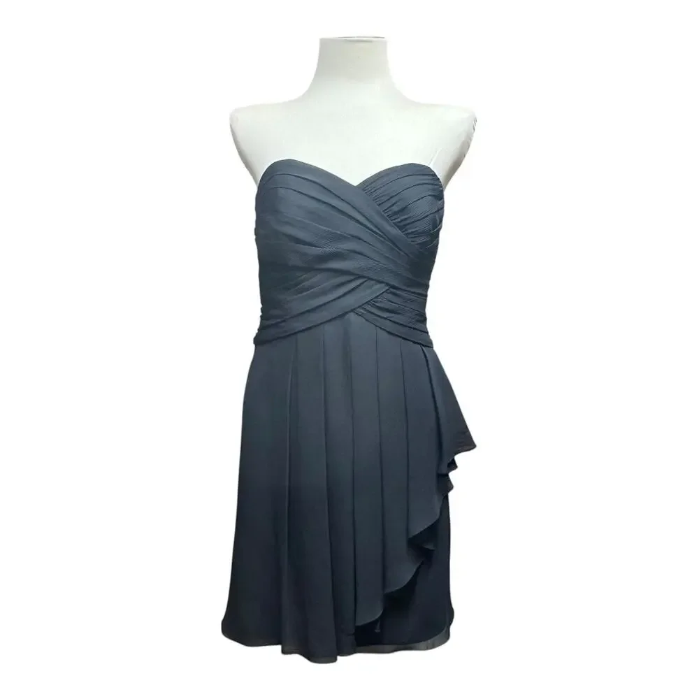 David's Bridal Short Crinkle Chiffon Dress Front Cascade F14847 Black 14